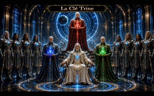 Au centre Namlistar, Chef Suprême de l'Éthique & Gardien du Code, entouré des Solonis, Héritiers & Gardiens de la Clé Trine, sur les côtés les Gardiens Sarginus.